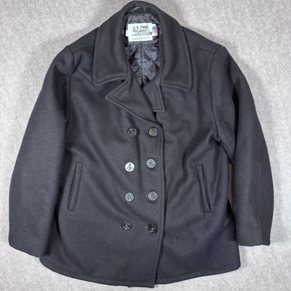 Schott NYC U.S. 740N Pea Coat Wool Jacket Size 46 Double Breasted Black